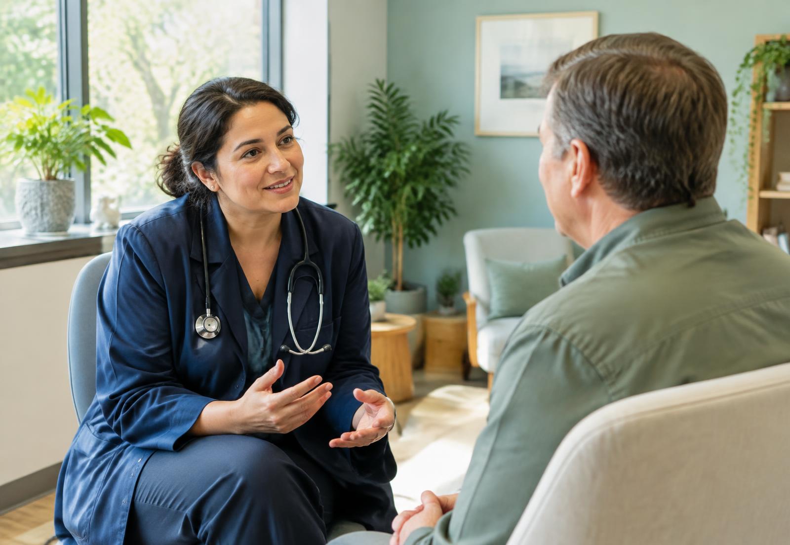 A physician listening attentively to a patient in a calm consultation room